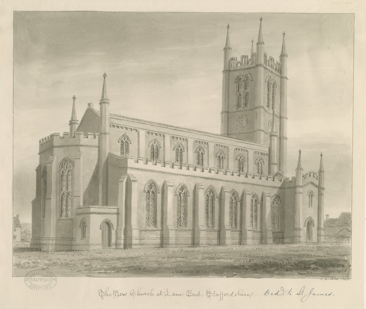 Lane End - New Church: sepia tegning af John Buckler
