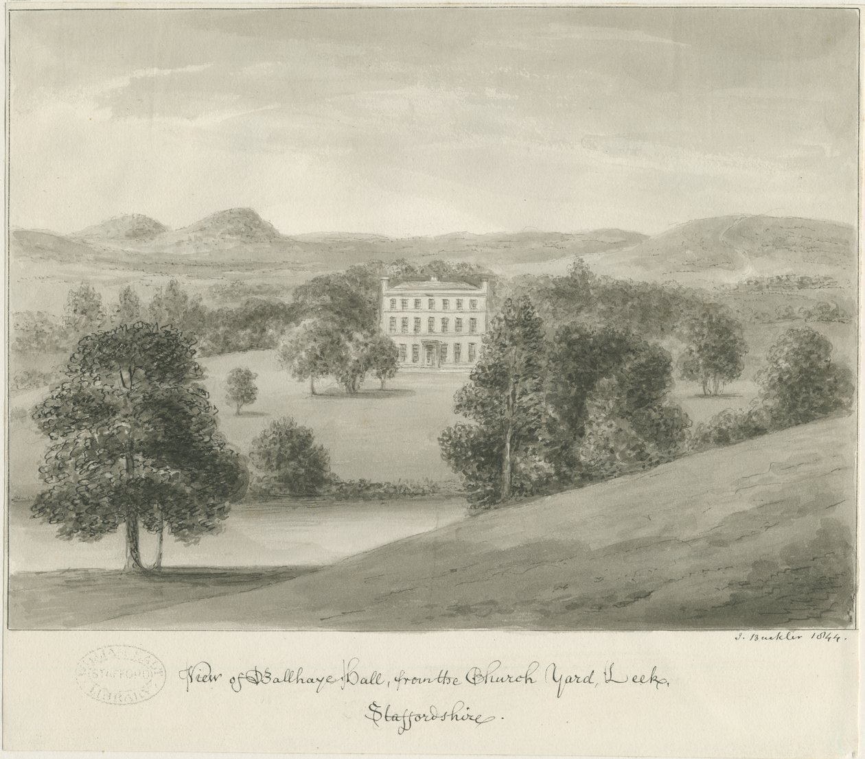 Leek - Ball Haye Hall: sepia drawing, 1844dani af John Buckler