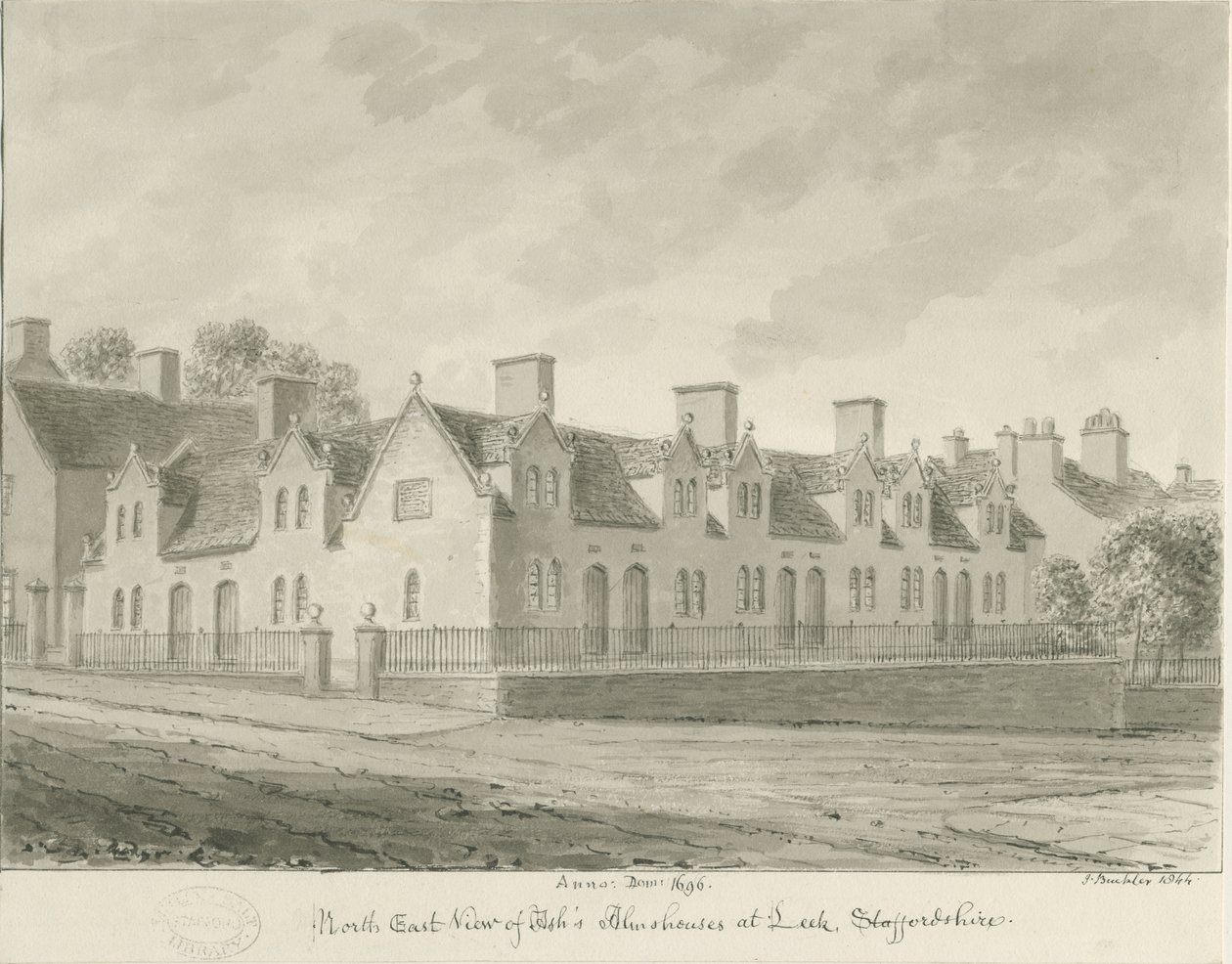 Leek Town - "Ash" s Almshouses ": sepia drawing, 1844dani af John Buckler