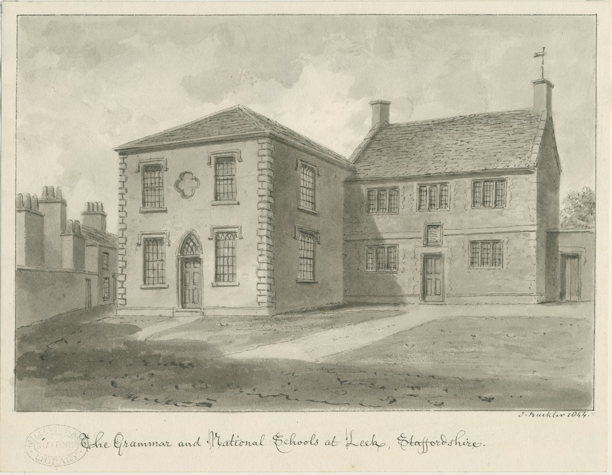 Leek Town - Grammar School: sepia drawing, 1844dani af John Buckler