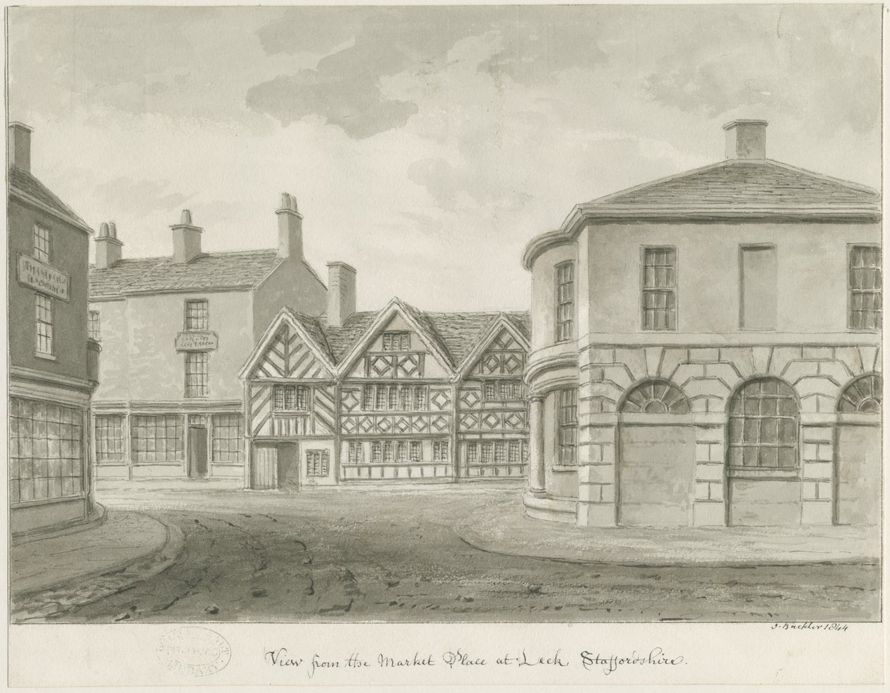 Leek Town - Market Place: sepia-tegning af John Buckler
