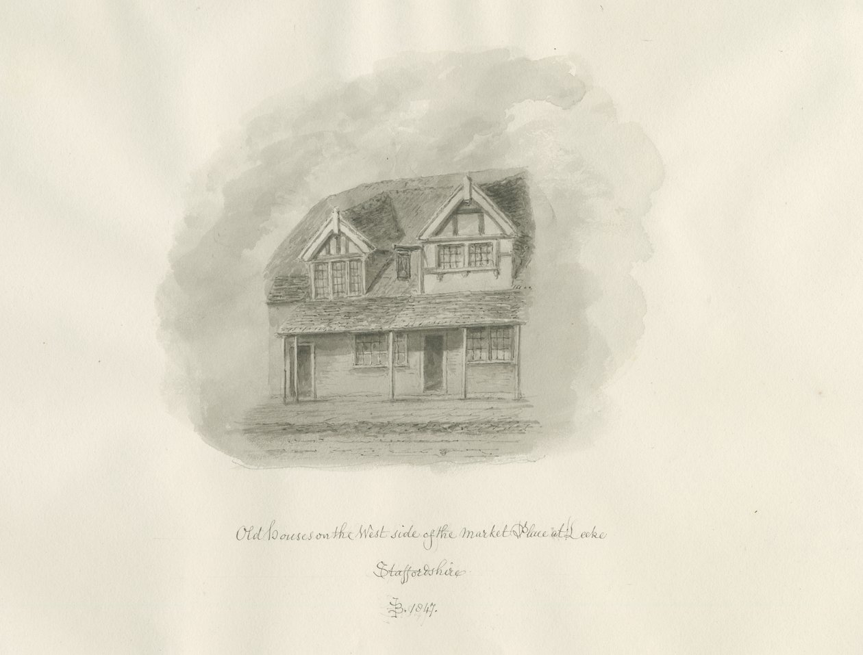 Leek Town - gamle huse på markedspladsen: sepia-tegning af John Buckler