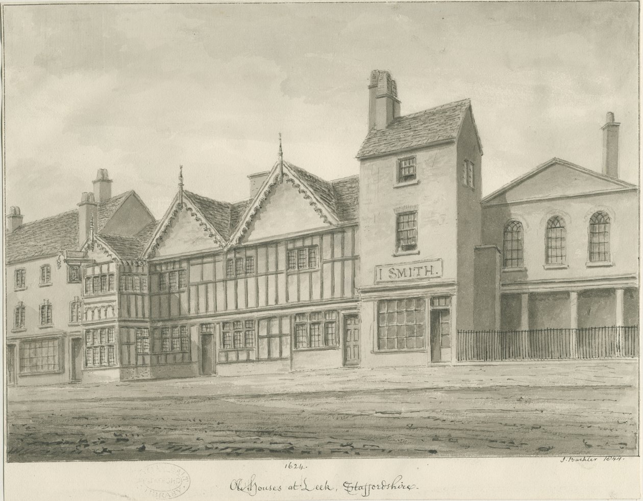 Leek Town - Gamle huse: sepia-tegning, 1844 af John Buckler