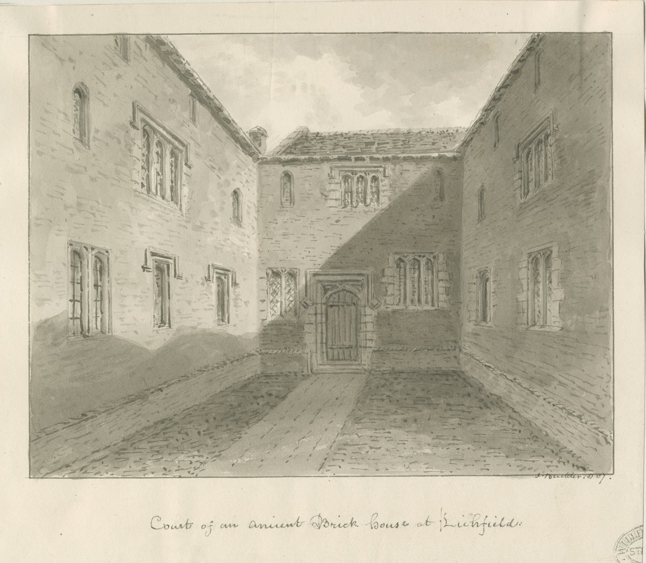 Lichfield - Court Yard of Old House in The Close: sepia-tegning af John Buckler
