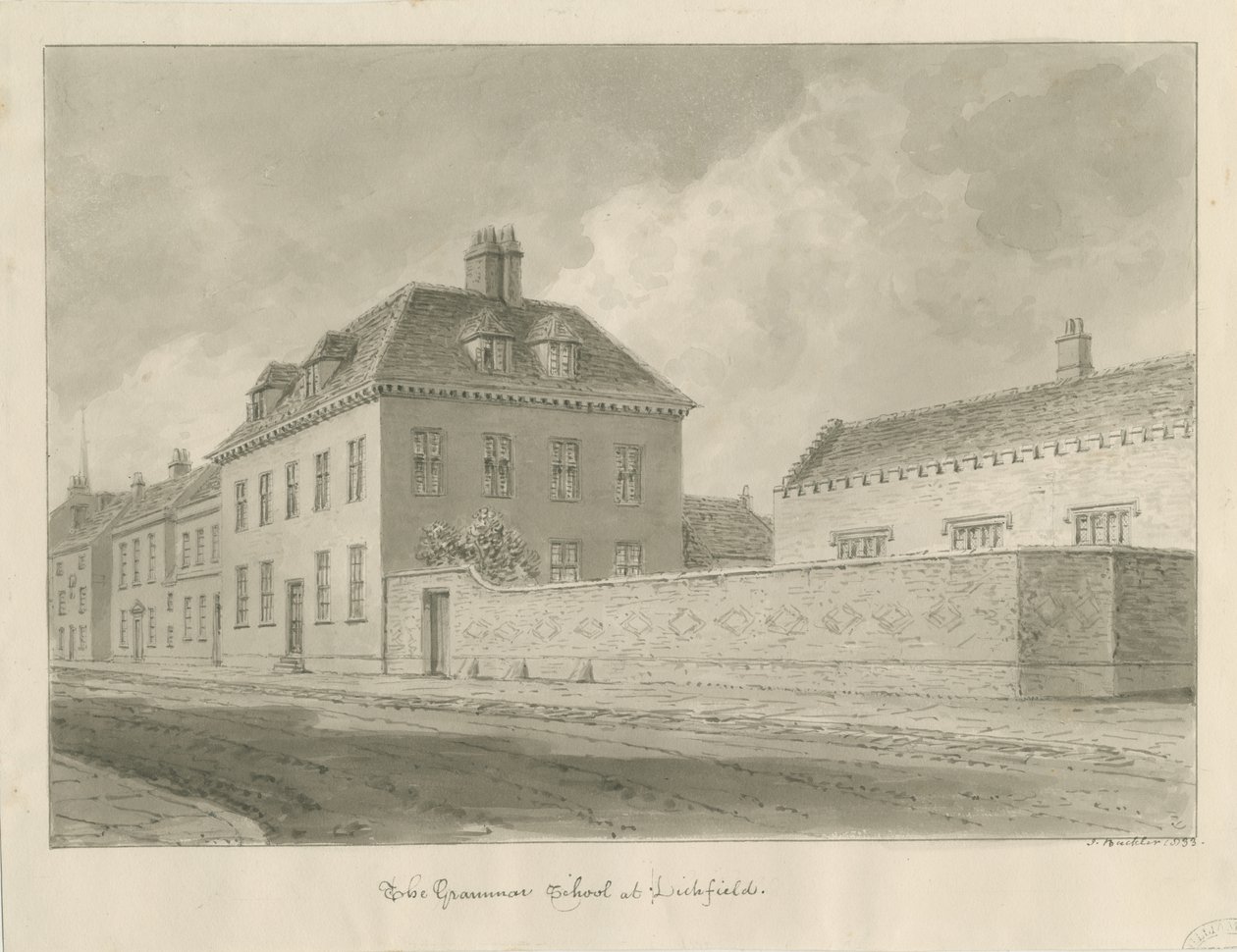 Lichfield - Grammar School: sepia tegning af John Buckler
