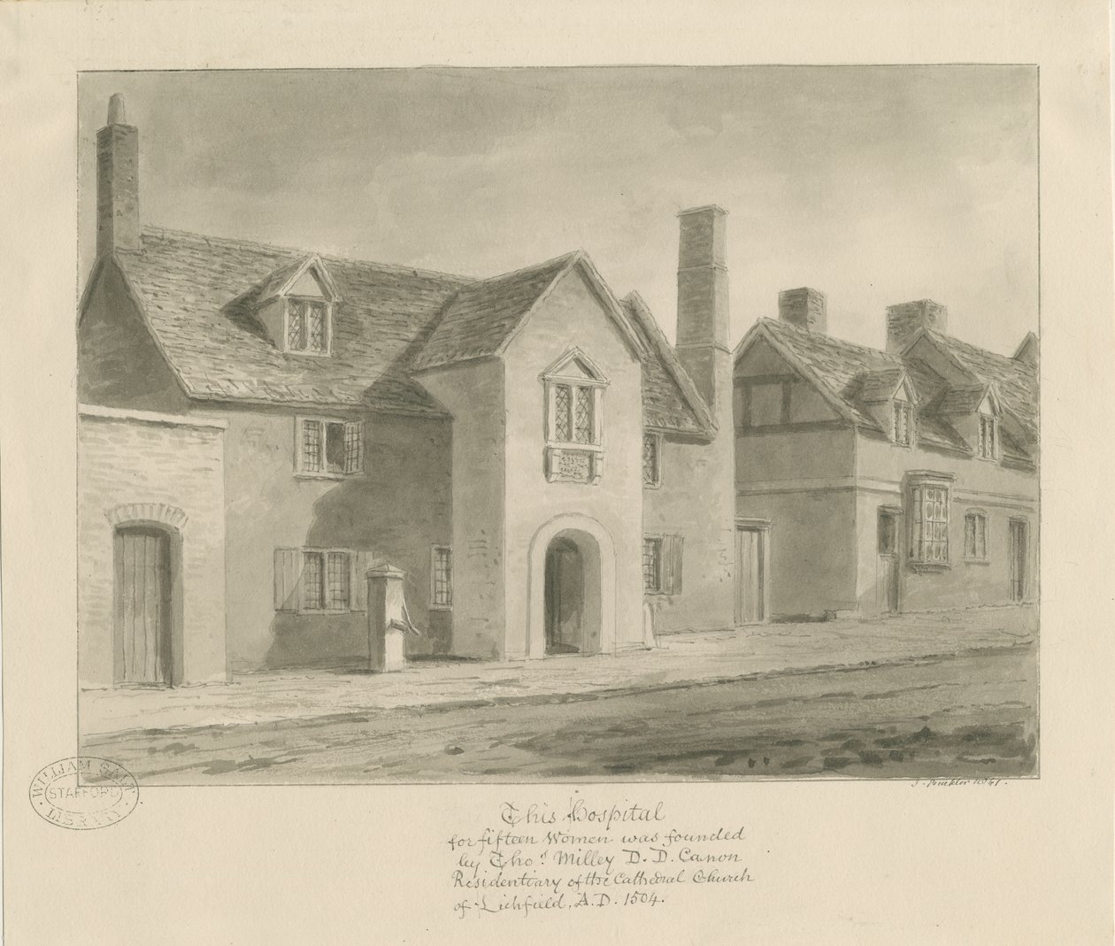 Lichfield - Hospital for Women: sepia tegning af John Buckler