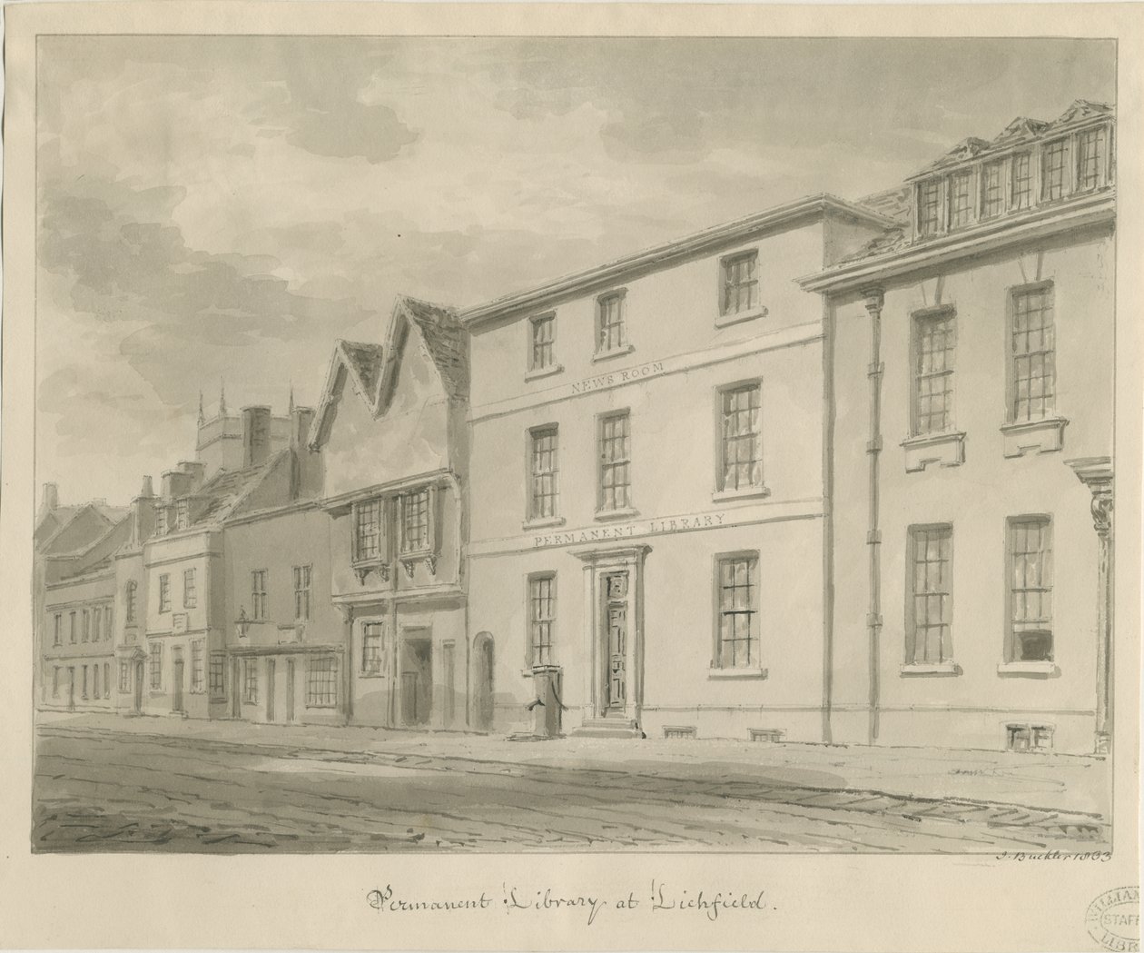 Lichfield - Bibliotek: sepia-tegning, 1833 af John Buckler