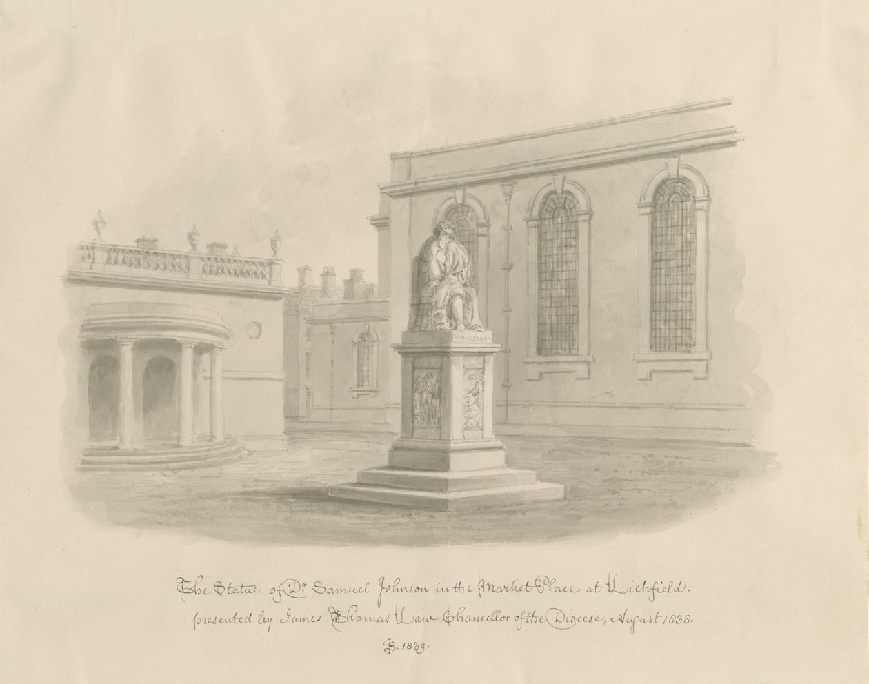 Lichfield - Market Place: sepia-tegning (vignetteret) af John Buckler