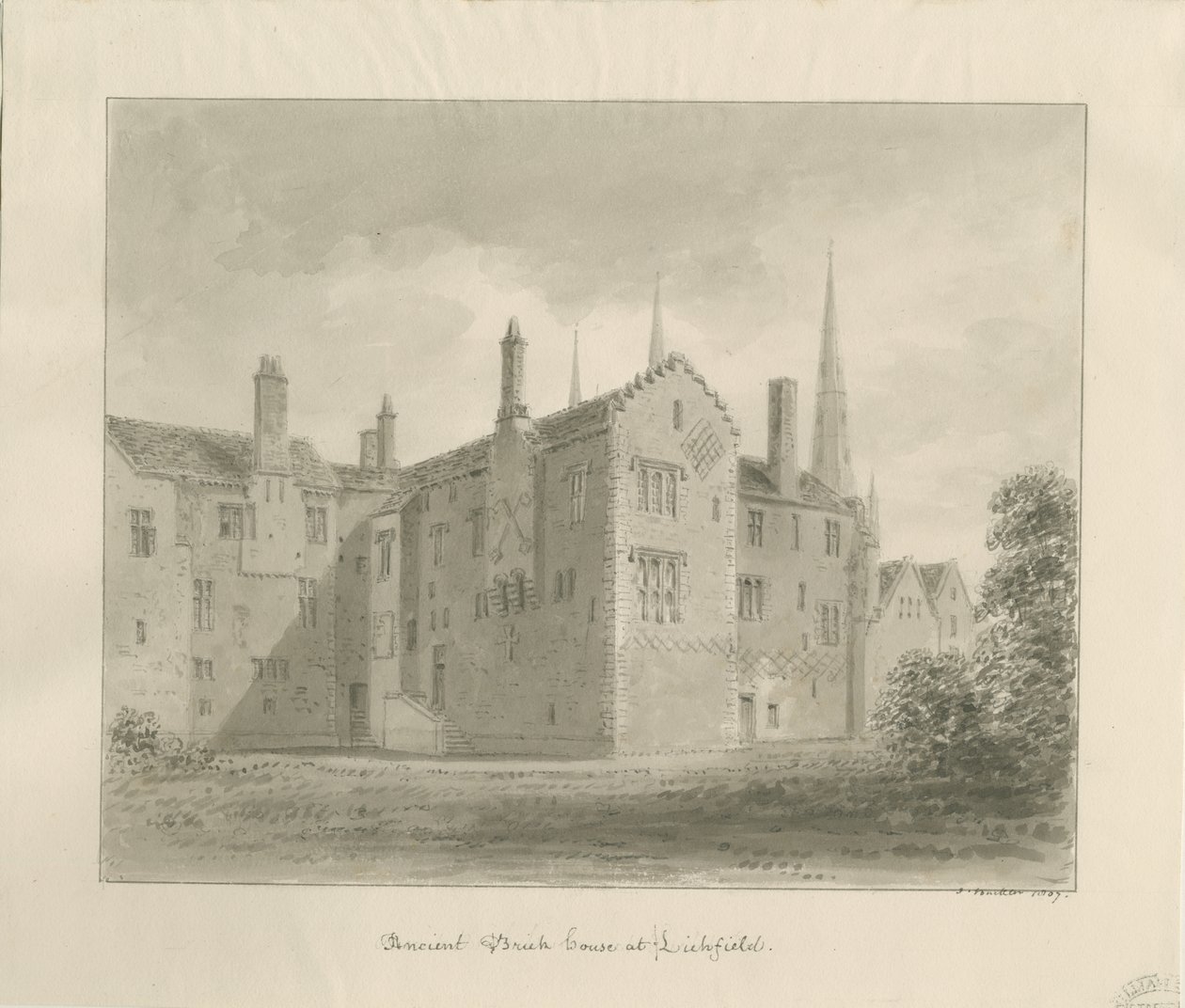 Lichfield - Old House in The Close: sepia tegning af John Buckler