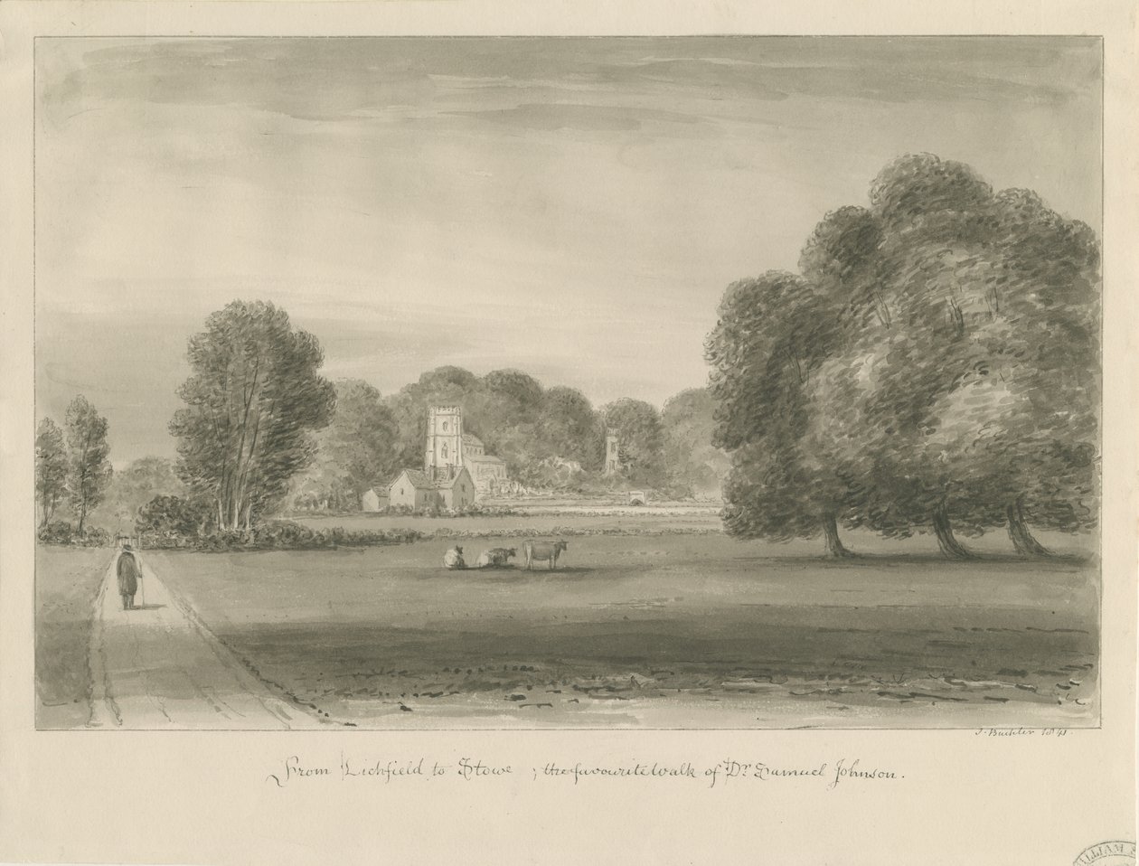 Lichfield - Stowe: sepia-tegning, 1841 af John Buckler