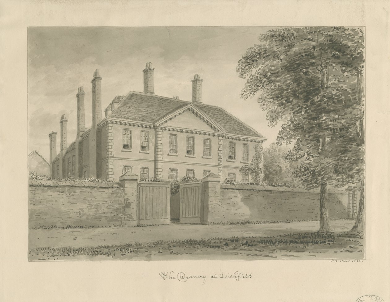 Lichfield - The Deanery in The Close: sepia-tegning, 1838 af John Buckler