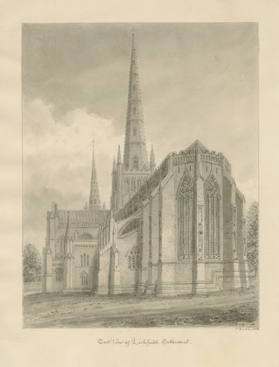 Lichfield Cathedral - East View: sepia-tegning, 1838 af John Buckler