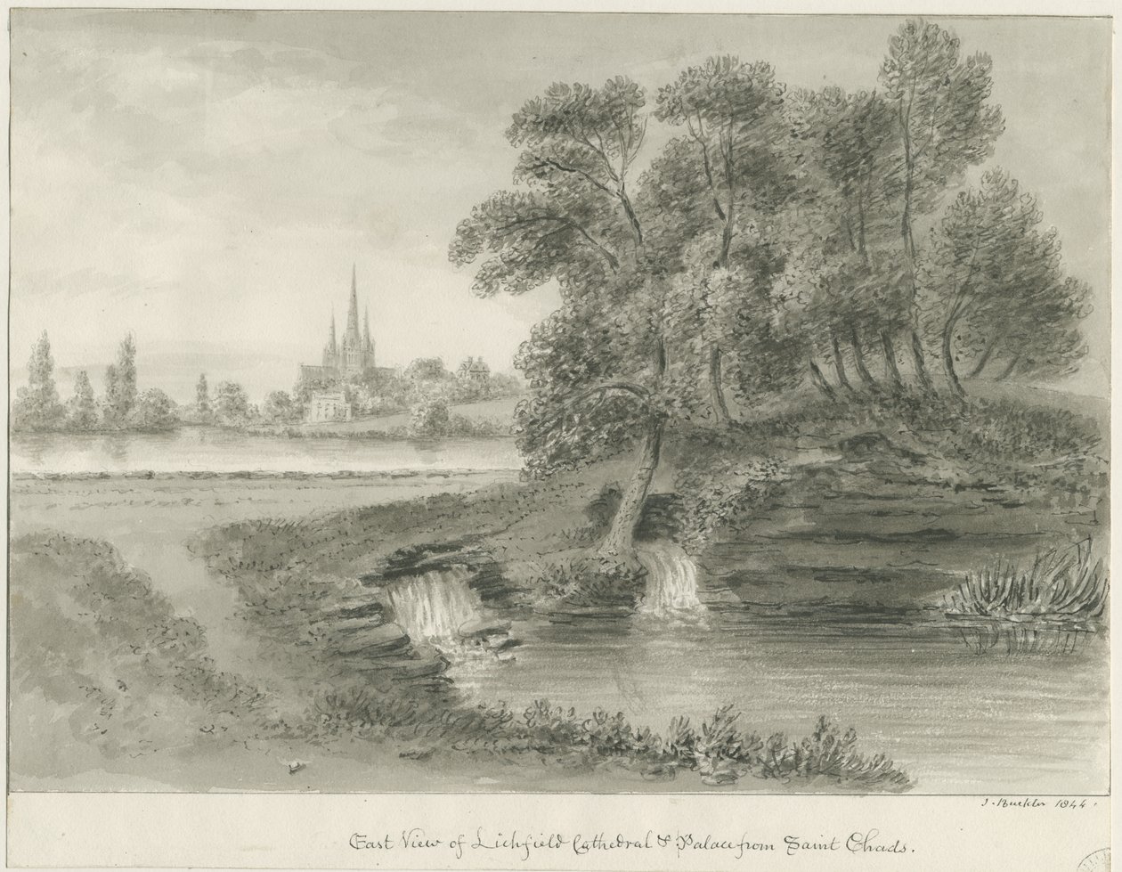 Lichfield Cathedral - East View: sepia-tegning, 1844 af John Buckler