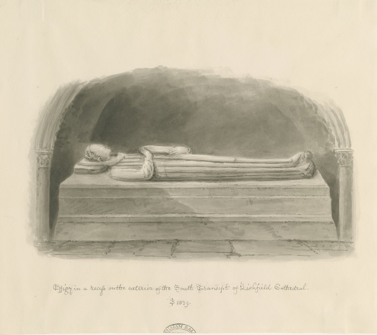 Lichfield Cathedral - Effigy [ukendt person]: sepia-tegning af John Buckler