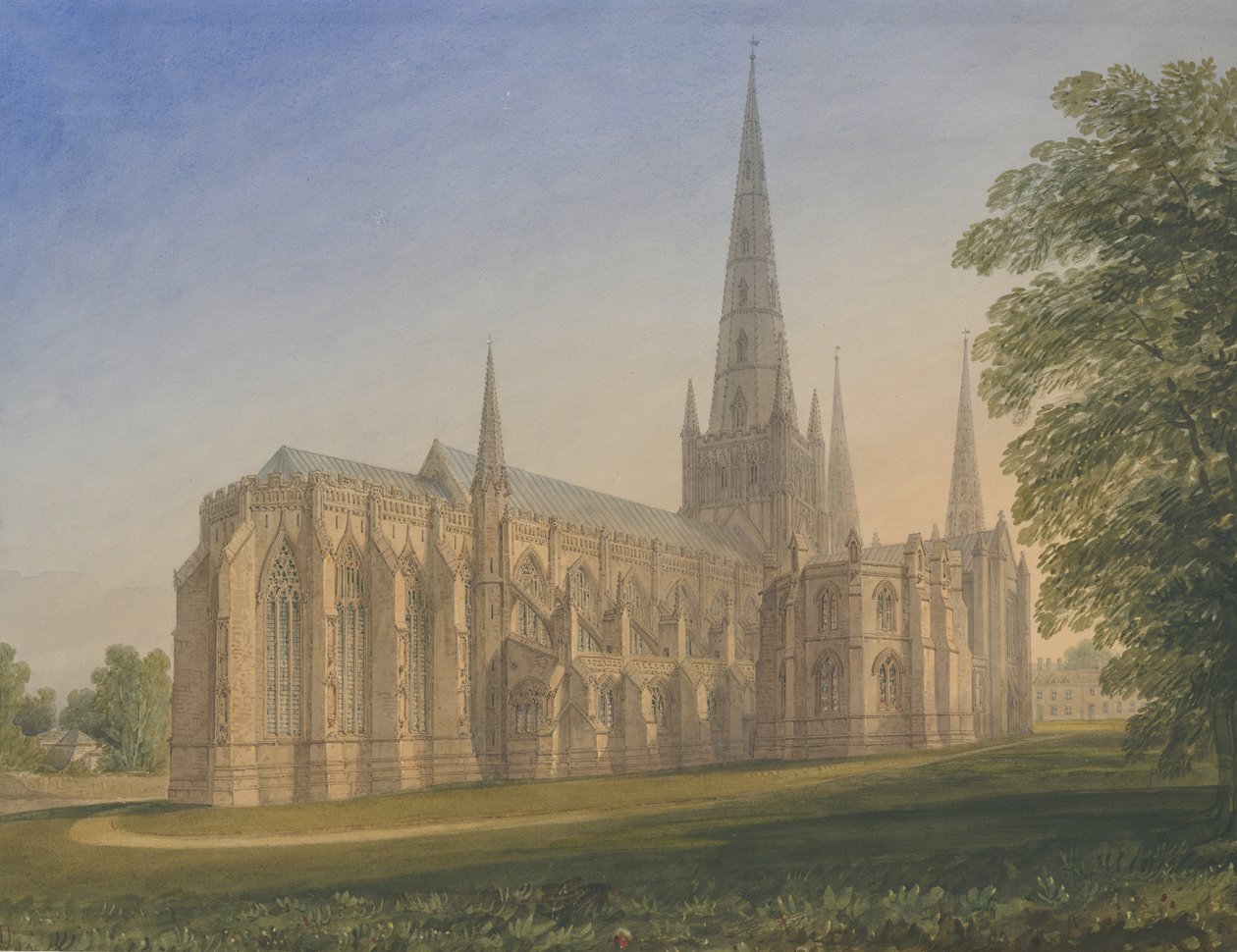 Lichfield Cathedral - North East View: vandfarvemaleri, nd [1770-1851] af John Buckler