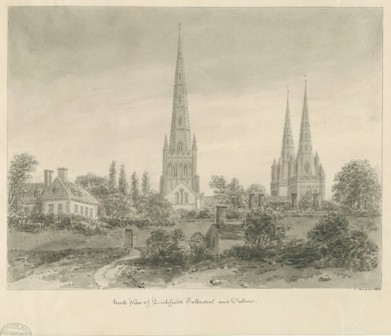 Lichfield Cathedral - North View: sepia drawing, 1838dani af John Buckler