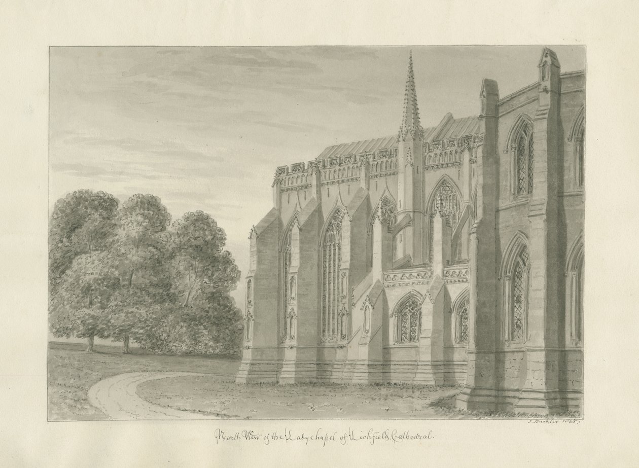 Lichfield Cathedral - North View: sepia-tegning, 1845 af John Buckler