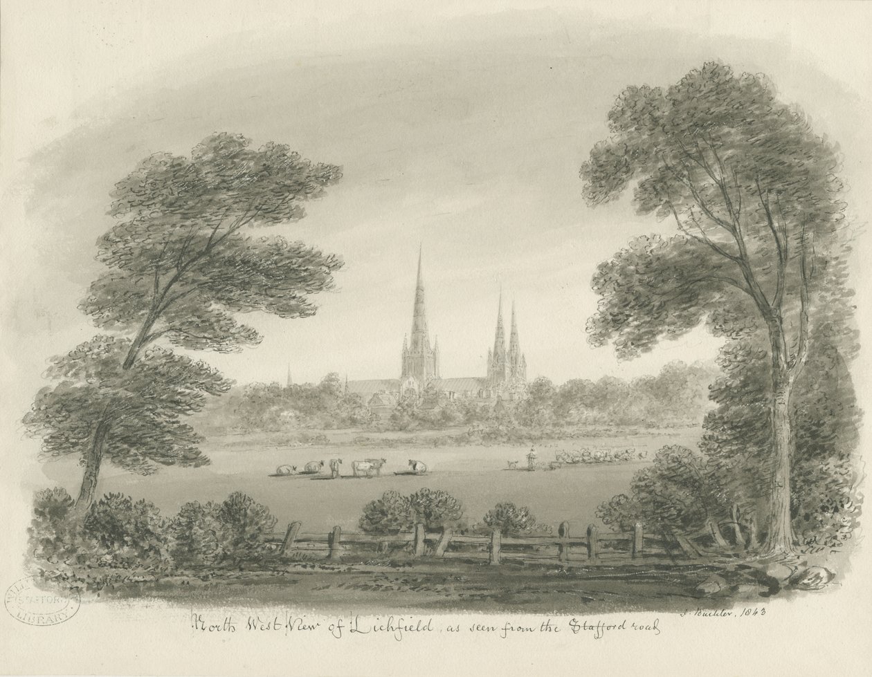 Lichfield Cathedral - North West View (fjern): sepia-tegning af John Buckler