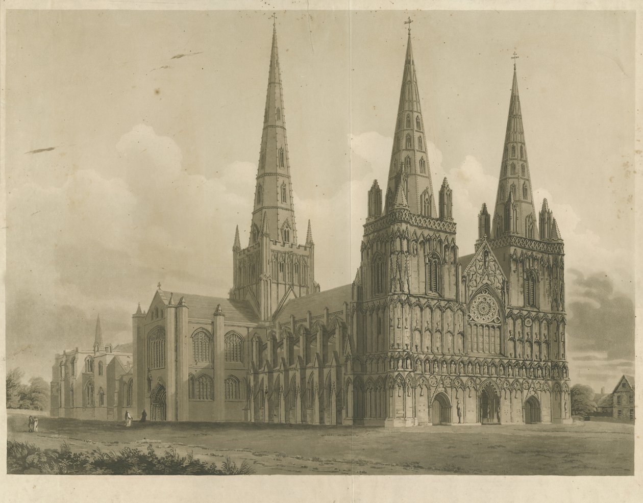 Lichfield Cathedral - North West View: akvatintegravering, nd [1807] af John Buckler