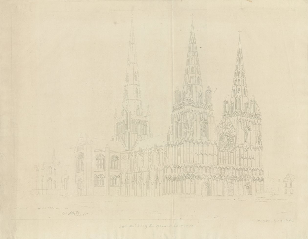 Lichfield Cathedral - North West View: radering, 1807 af John Buckler