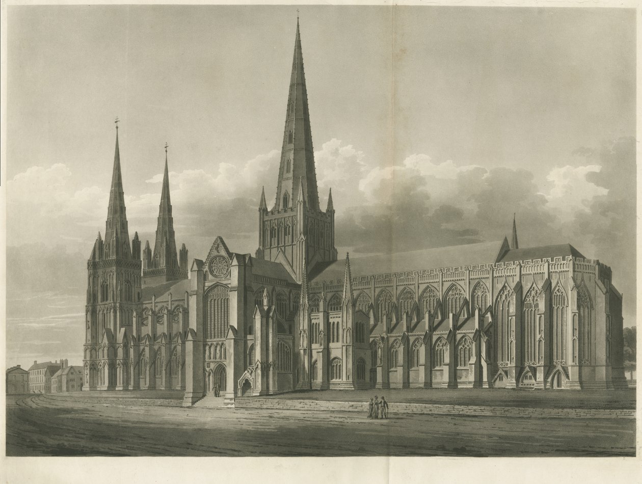 Lichfield Cathedral - South East View: akvatintegravering og [?1800-tallet] af John Buckler