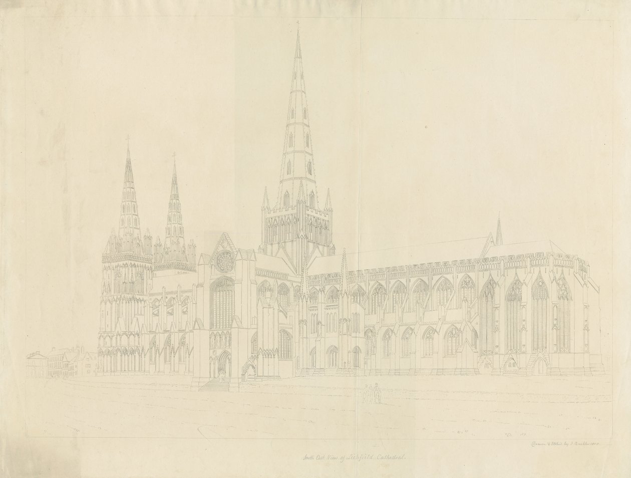 Lichfield Cathedral - South East View: outline etching, nd [1808] dani af John Buckler