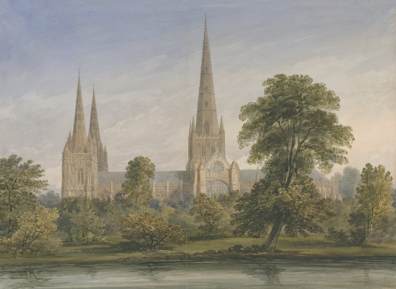 Lichfield Cathedral - South East View: vandfarvemaleri, nd [?1842] af John Buckler