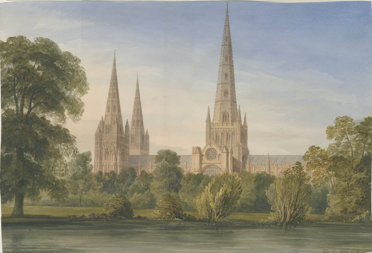 Lichfield Cathedral - South South East View: vandfarvemaleri, 1842 af John Buckler