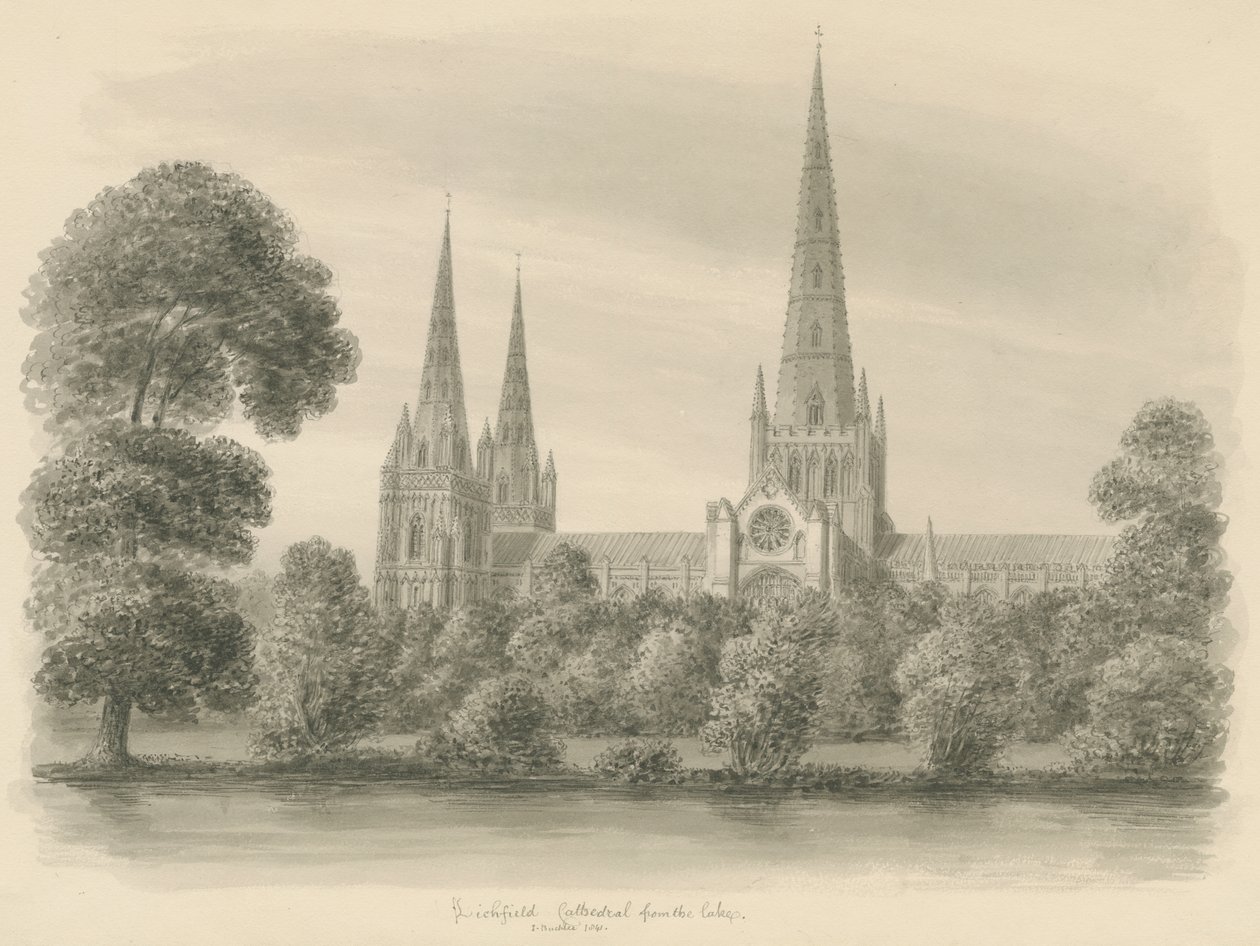 Lichfield Cathedral - South View: sepia tegning af John Buckler