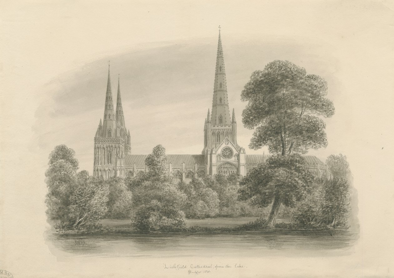 Lichfield Cathedral - South View: sepia drawing, 1841dani af John Buckler