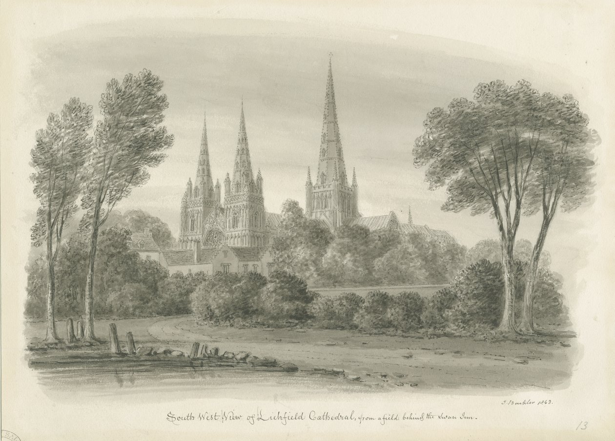 Lichfield Cathedral - South West View: sepia tegning af John Buckler