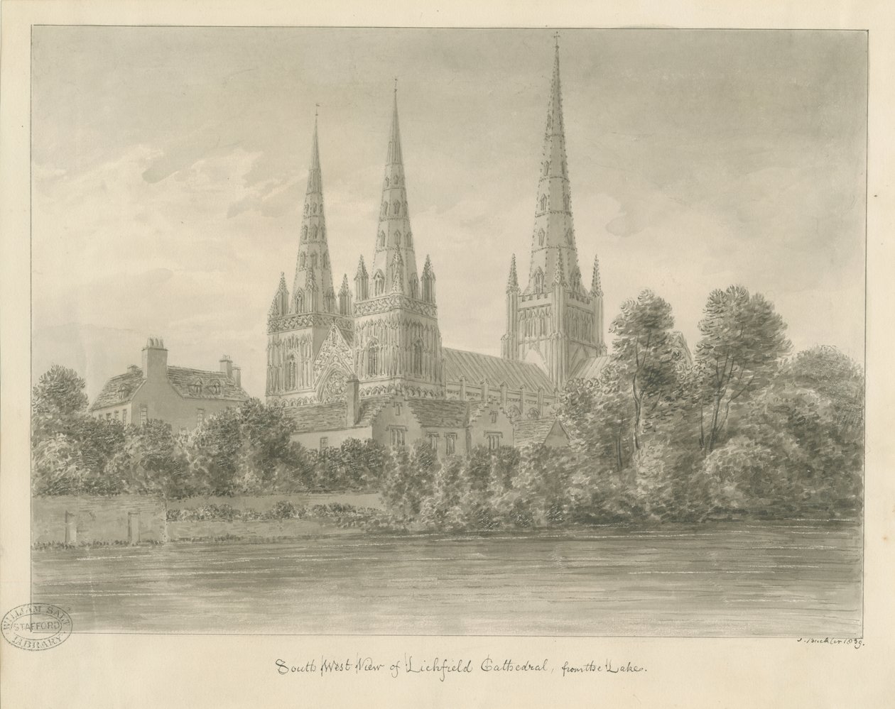 Lichfield Cathedral - South West View: sepia tegning af John Buckler