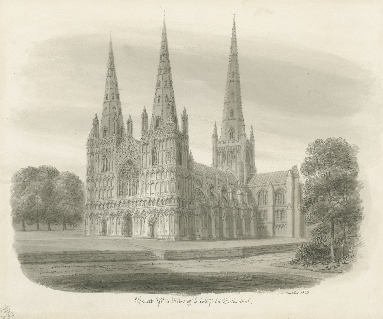 Lichfield Cathedral - South West View: sepia tegning af John Buckler