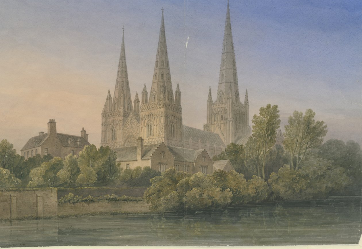 Lichfield Cathedral - South West View: vandfarvemaleri, 1839 af John Buckler