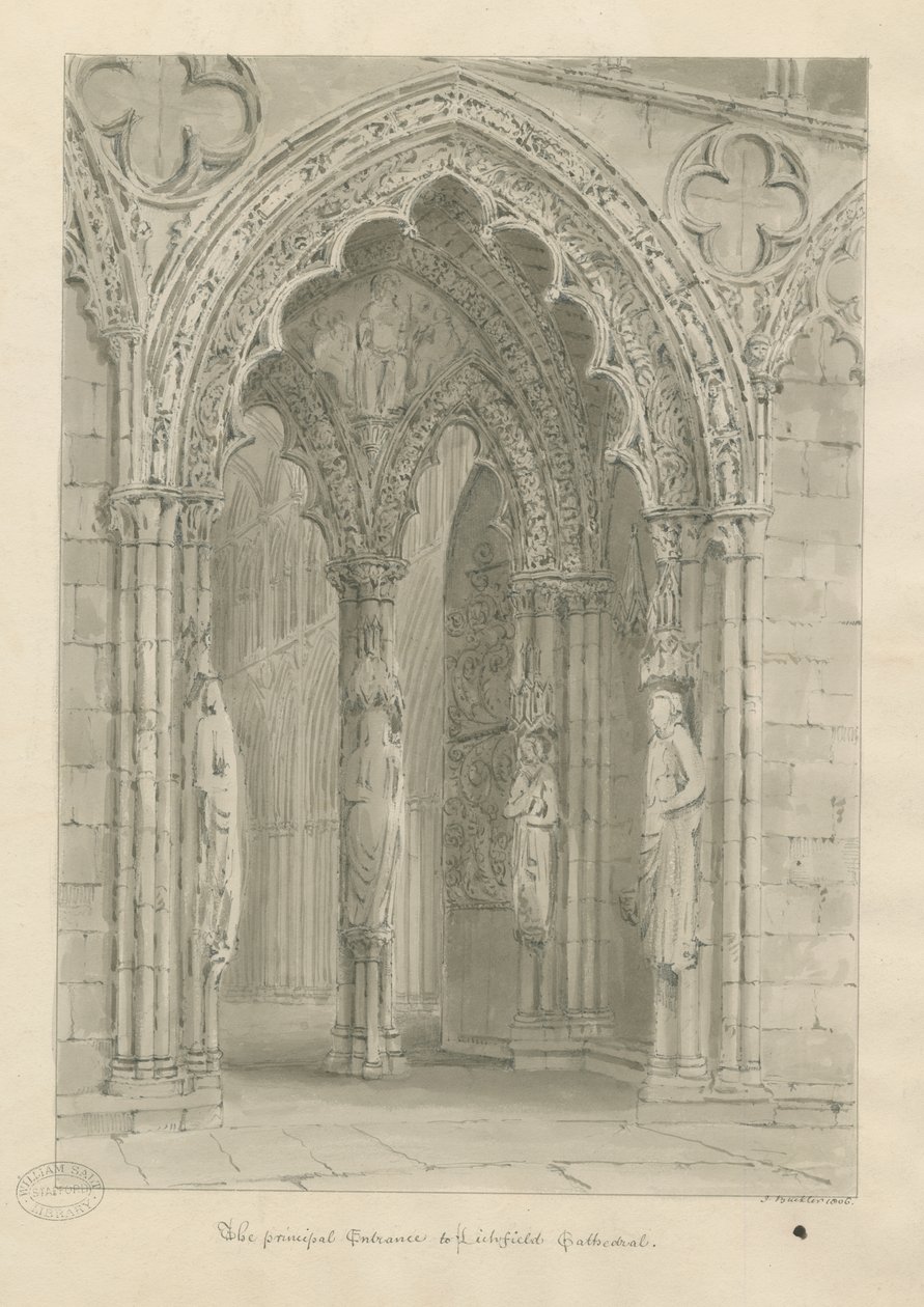Lichfield Cathedral - West Doorway: sepia-tegning af John Buckler