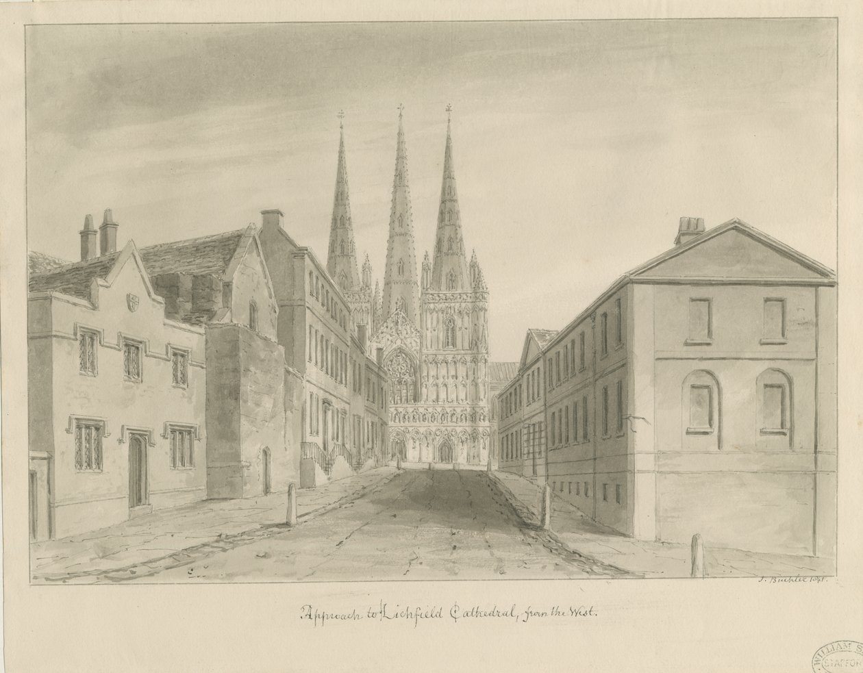 Lichfield Cathedral: sepia tegning af John Buckler