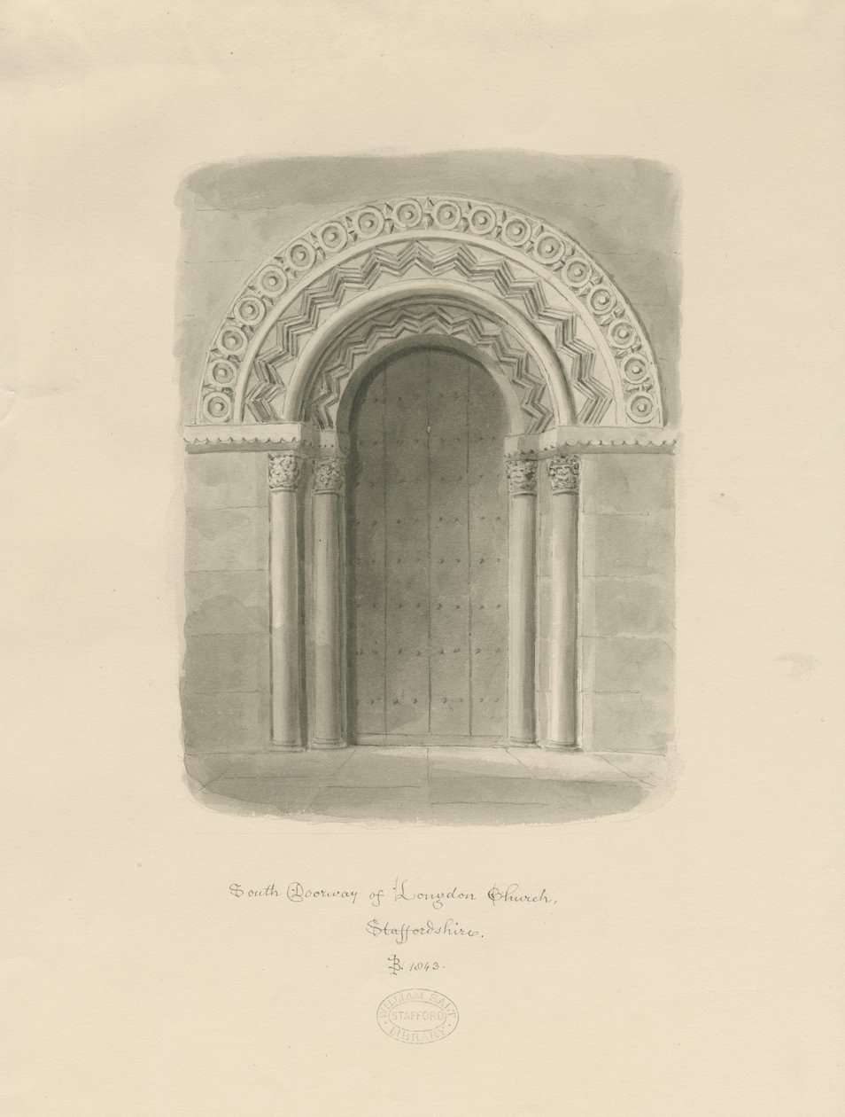 Longdon Church - South Doorway: sepia tegning af John Buckler