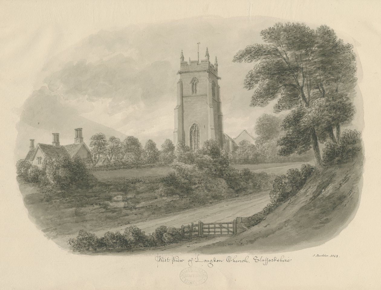 Longdon Church: sepia tegning af John Buckler