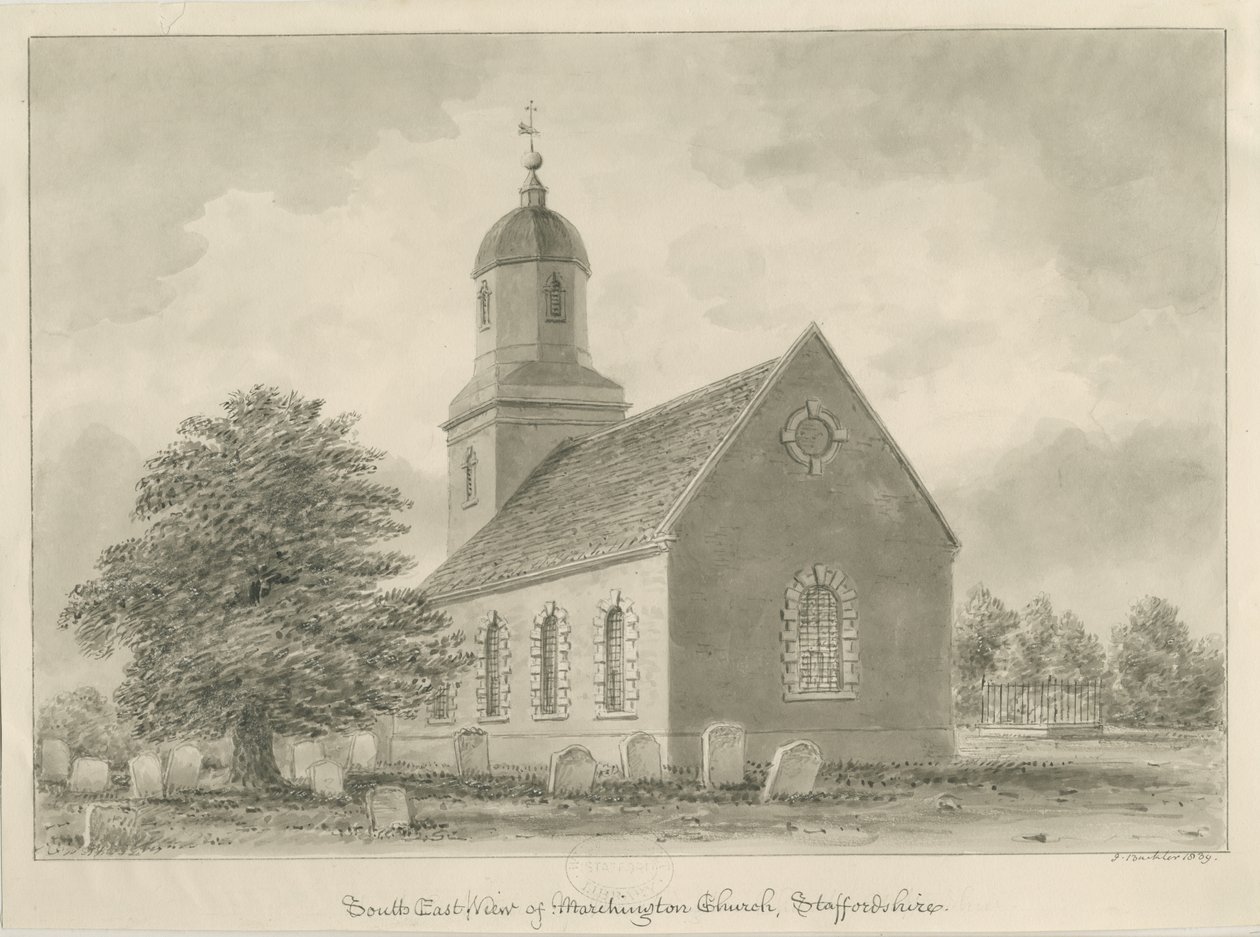Marchington Church: sepia tegning af John Buckler