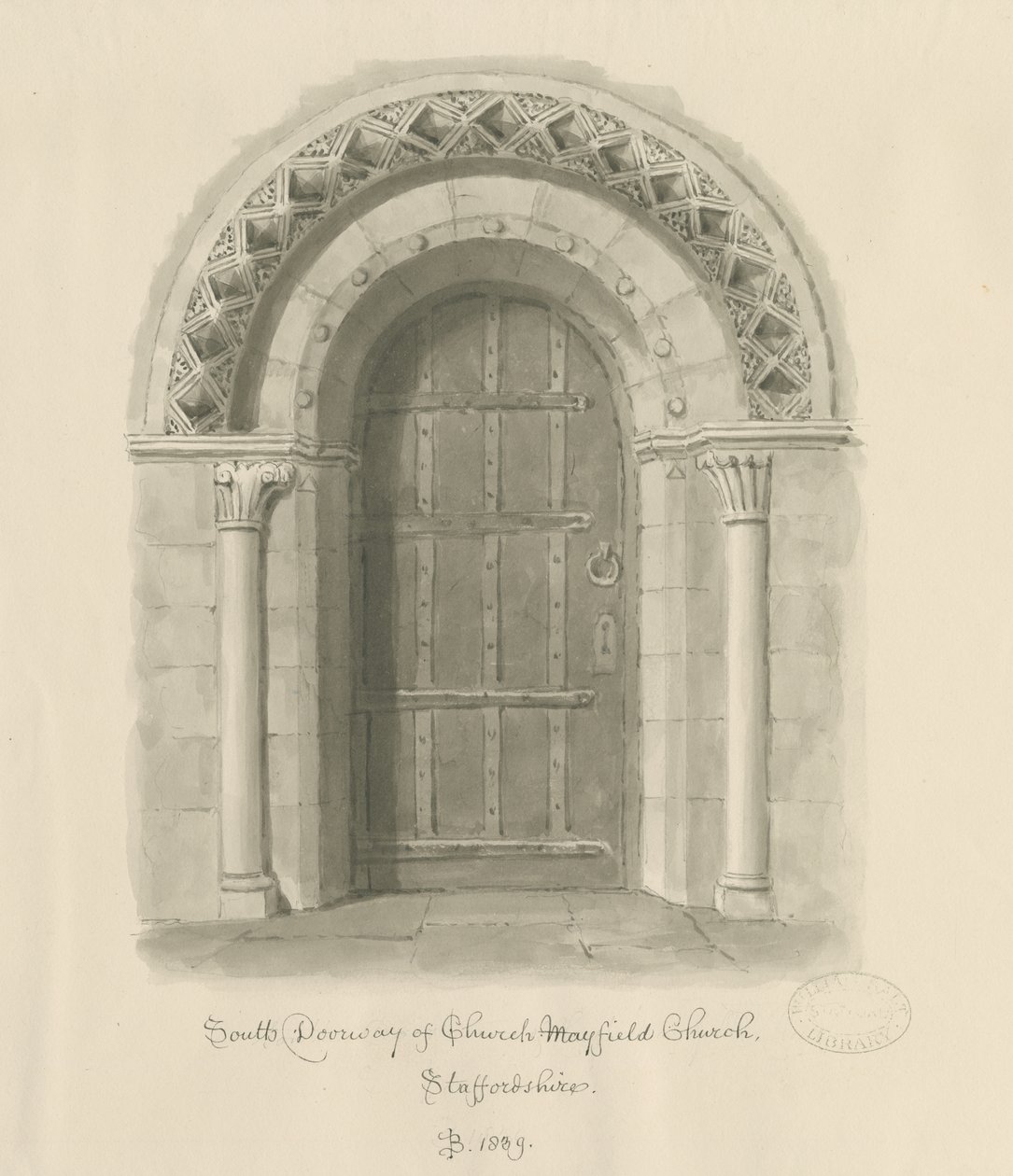 Mayfield Church - South Doorway: sepia wash drawing, 1839dani af John Buckler