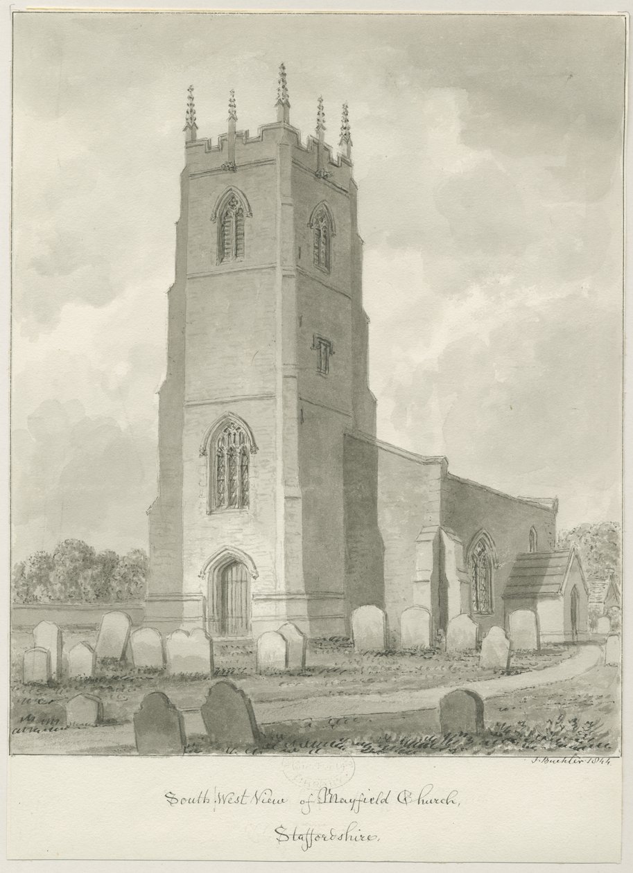 Mayfield Church: sepia tegning af John Buckler