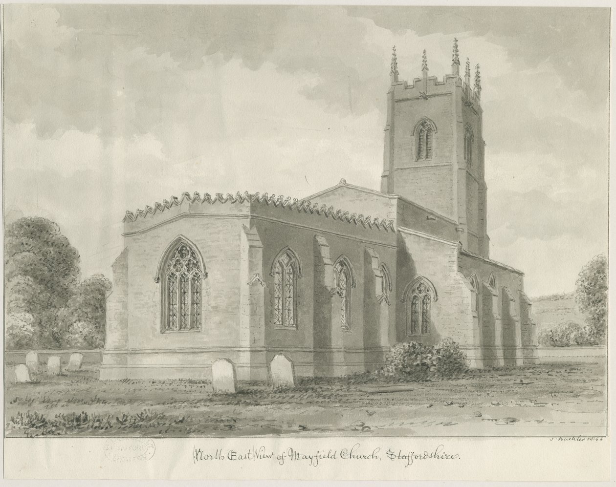 Mayfield Church: sepia drawing, 1844dani af John Buckler