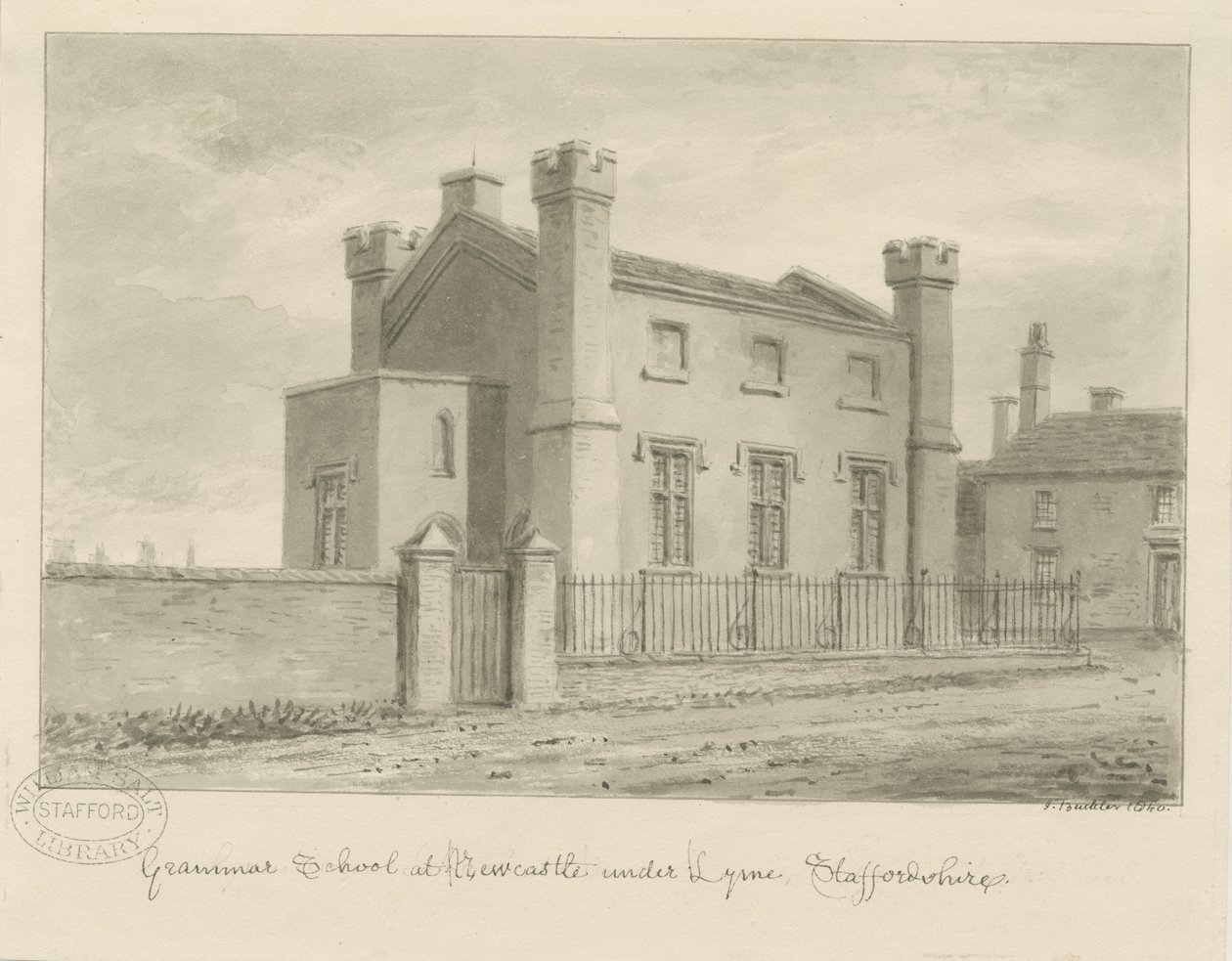Newcastle-under-Lyme - Grammar School: sepia vask tegning, 1840 af John Buckler