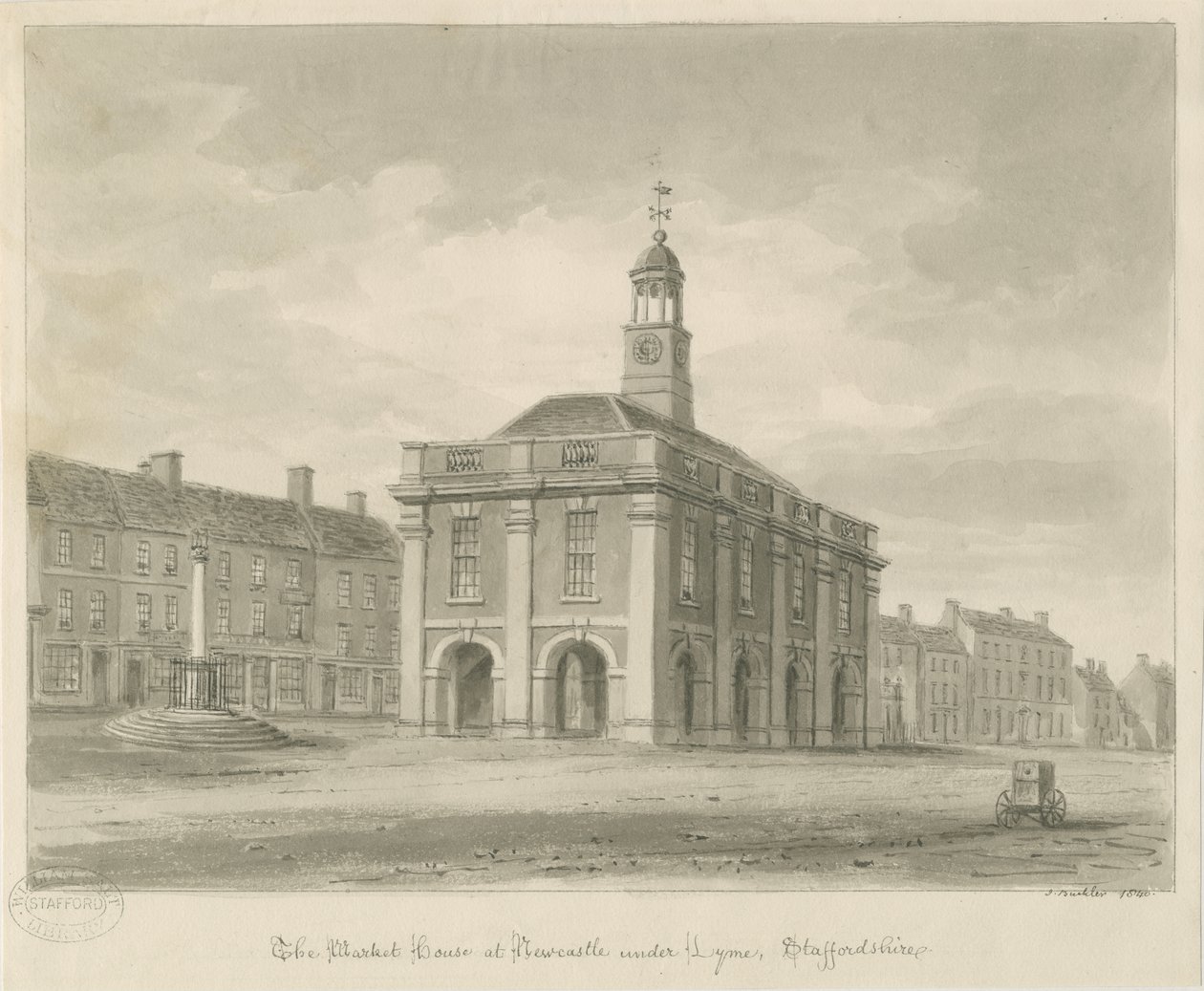 Newcastle-under-Lyme - Market Square: sepia wash drawing, 1840dani af John Buckler