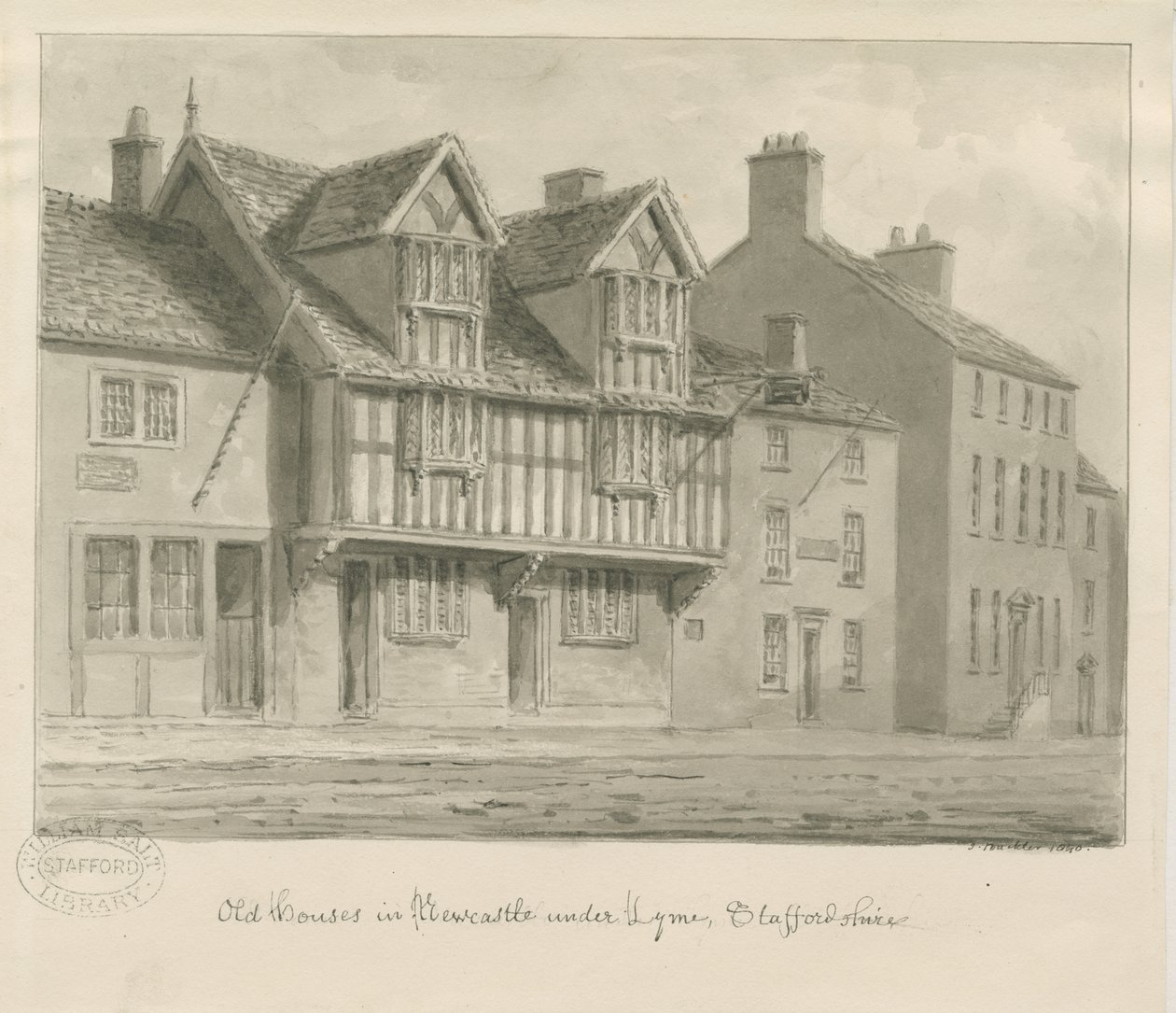 Newcastle-under-Lyme - Old Houses: sepia drawing, 1840dani af John Buckler