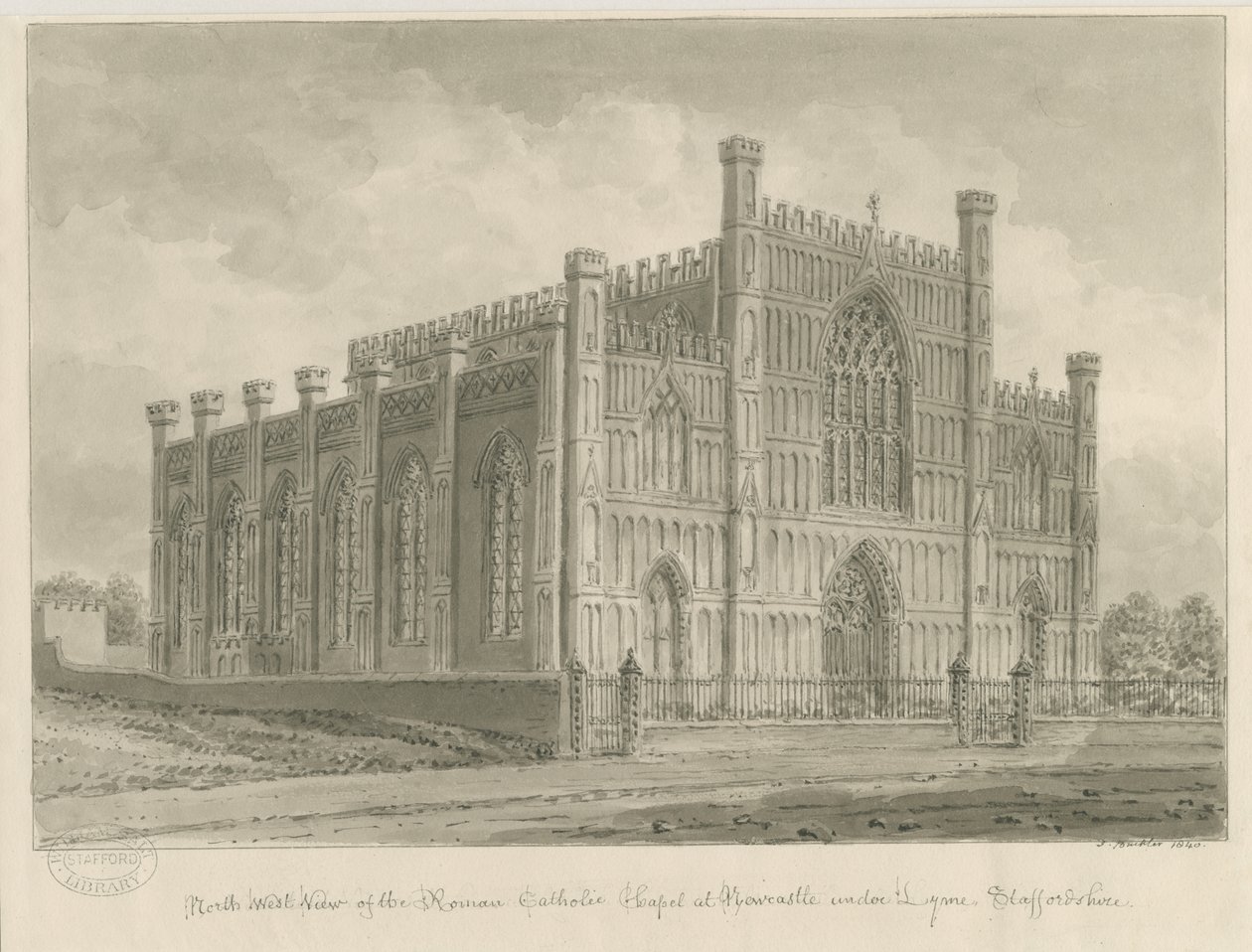 Newcastle-under-Lyme - romersk-katolske kapel: sepia vask tegning, 1840 af John Buckler