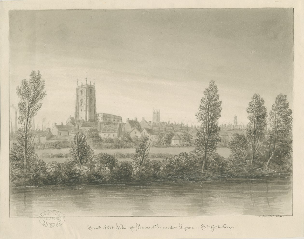 Newcastle-under-Lyme Town: sepia vask tegning af John Buckler