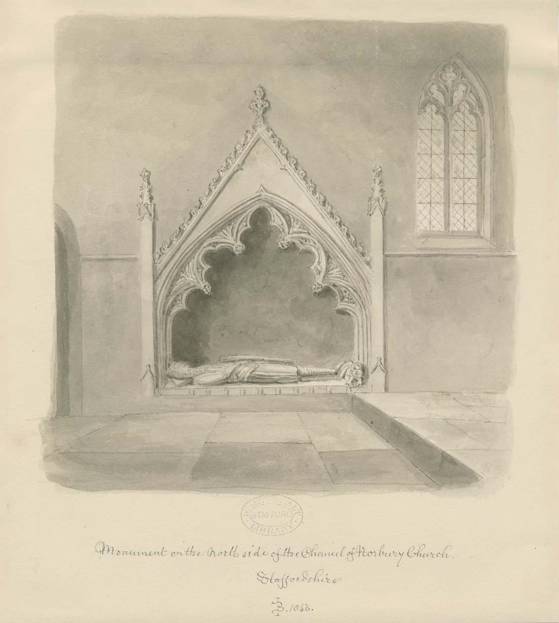 Norbury Church - Monument til Ralph le Boteler: sepia vask tegning, 1843 af John Buckler