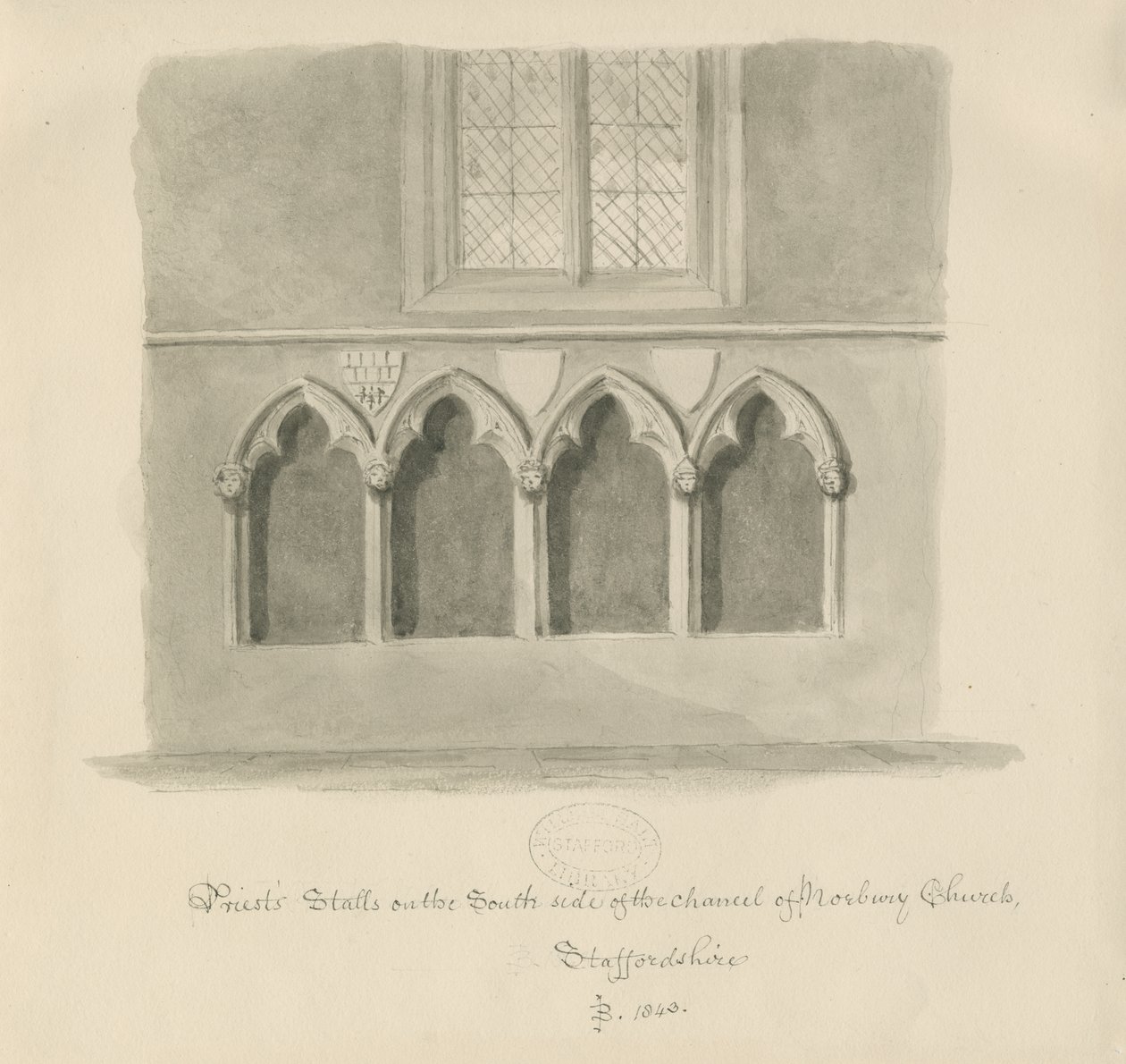 Norbury Church - Priests" boder: sepia vask tegning, 1843 af John Buckler