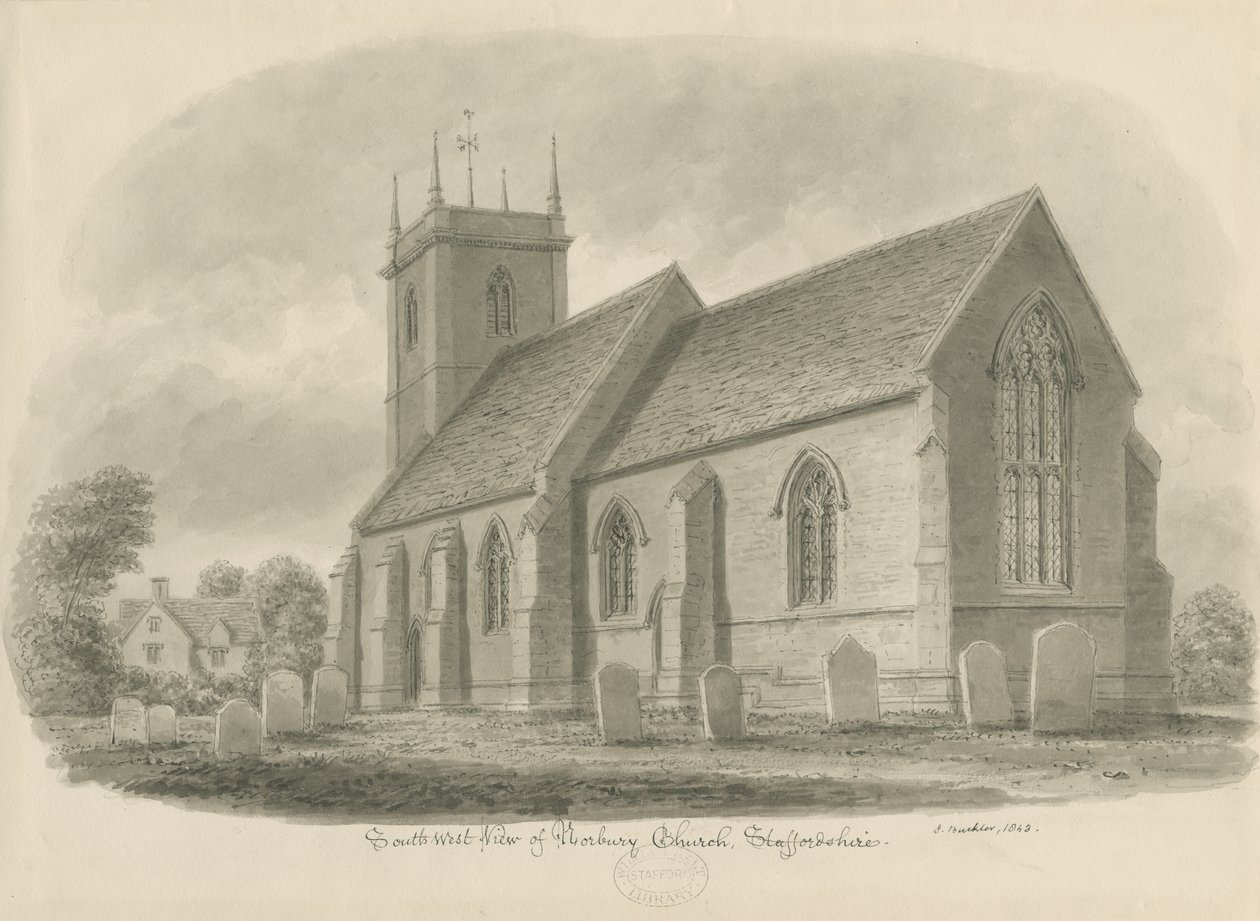 Norbury Church: sepia vask tegning, 1843 af John Buckler